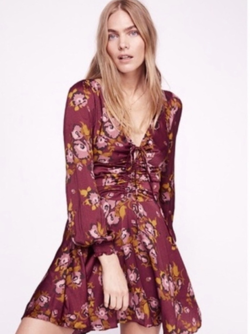 Free People Women Morning Light Floral Print Ruched Dress Purple/Pink/Golds SZ 6